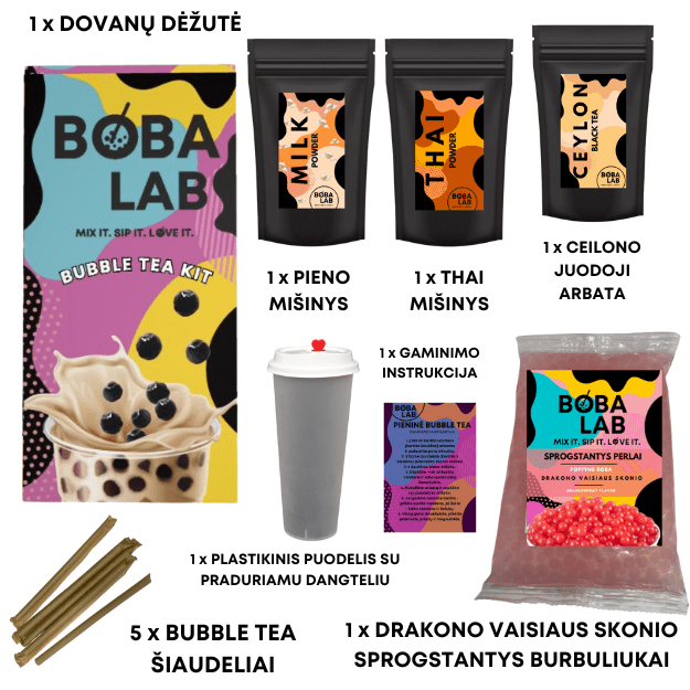 THAI PIENINĖS BURBULINĖS ARBATOS RINKINYS SU DRAKONO VAISIAUS SPROGSTANČIAIS PERLAIS 1