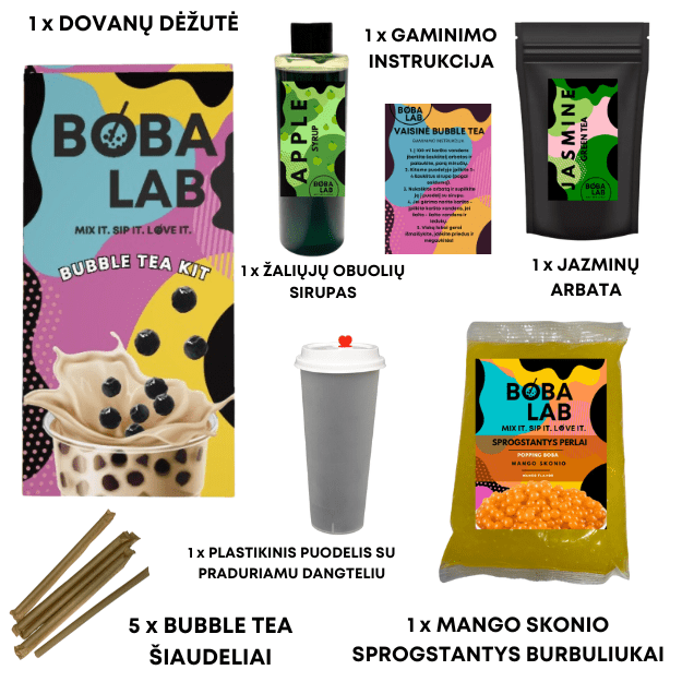 ŽALIŲJŲ OBUOLIŲ VAISINĖS BURBULINĖS ARBATOS RINKINYS SU MANGO SPROGSTANČIAIS PERLAIS 1
