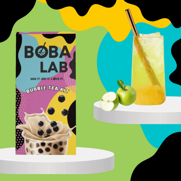 ŽALIŲJŲ OBUOLIŲ VAISINĖS BURBULINĖS ARBATOS RINKINYS SU MANGO SPROGSTANČIAIS PERLAIS