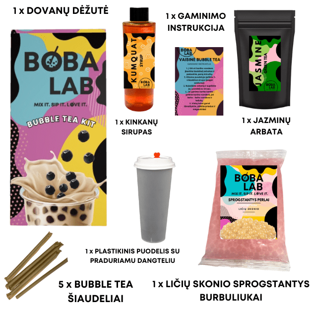 KINKANŲ VAISINĖS BURBULINĖS ARBATOS RINKINYS SU LIČIŲ SPROGSTANČIAIS PERLAIS 1