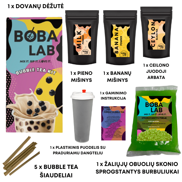 BANANŲ PIENINĖS BURBULINĖS ARBATOS RINKINYS SU ŽALIŲJŲ OBUOLIŲ SPROGSTANČIAIS PERLAIS 1