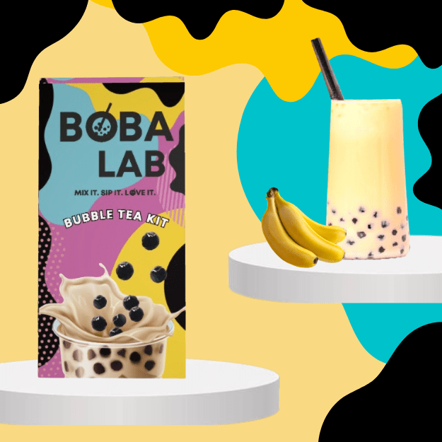 BANANŲ PIENINĖS BURBULINĖS ARBATOS RINKINYS SU ŽALIŲJŲ OBUOLIŲ SPROGSTANČIAIS PERLAIS