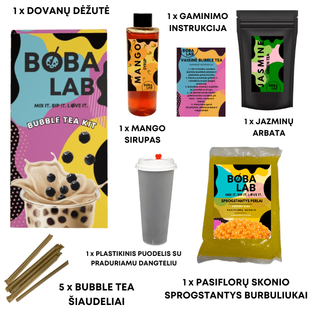 MANGO VAISINĖS BURBULINĖS ARBATOS RINKINYS SU PASIFLORŲ SPROGSTANČIAIS PERLAIS 1