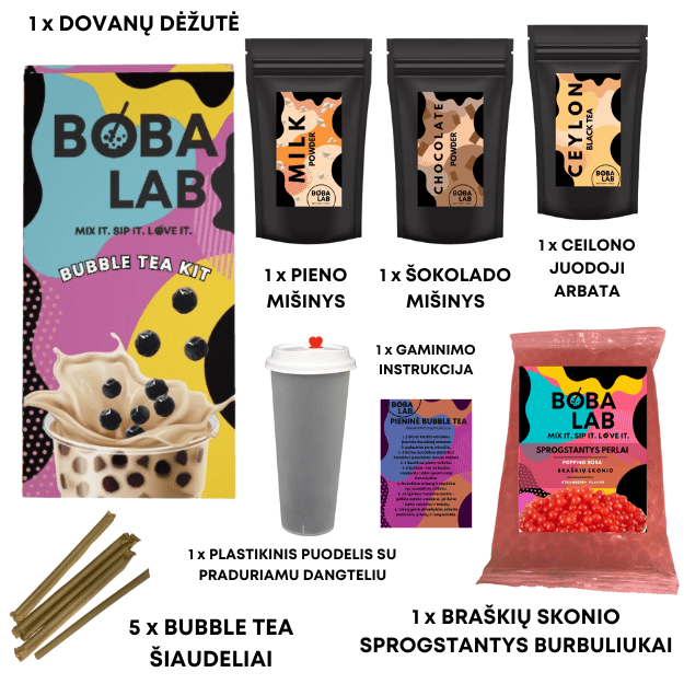 ŠOKOLADO PIENINĖS BURBULINĖS ARBATOS RINKINYS SU BRAŠKIŲ SPROGSTANČIAIS PERLAIS 1