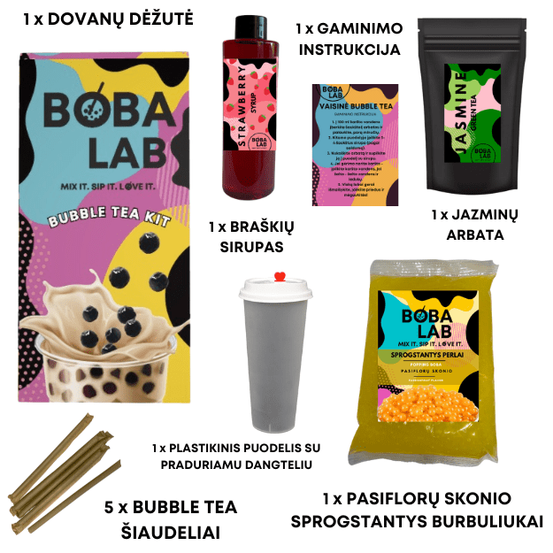 BRAŠKIŲ VAISINĖS BURBULINĖS ARBATOS RINKINYS SU PASIFLORŲ SPROGSTANČIAIS PERLAIS 1