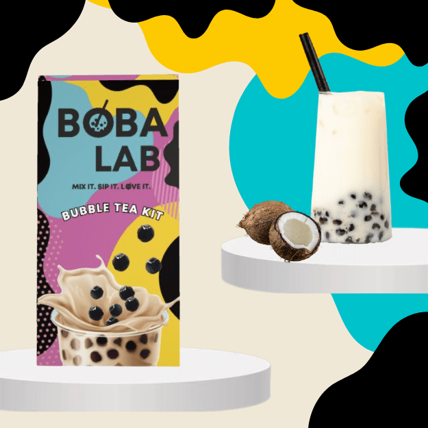 KOKOSO PIENINĖS BURBULINĖS ARBATOS RINKINYS SU MĖLYNIŲ SPROGSTANČIAIS PERLAIS