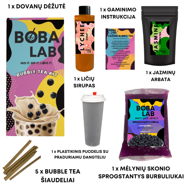LIČIŲ VAISINĖS BURBULINĖS ARBATOS RINKINYS SU MĖLYNIŲ SPROGSTANČIAIS PERLAIS 1