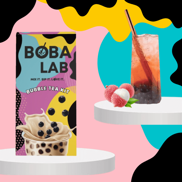 LIČIŲ VAISINĖS BURBULINĖS ARBATOS RINKINYS SU MĖLYNIŲ SPROGSTANČIAIS PERLAIS