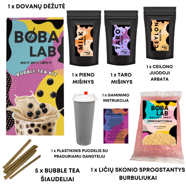 TARO PIENINĖS BURBULINĖS ARBATOS RINKINYS SU LIČIŲ SPROGSTANČIAIS PERLAIS 1