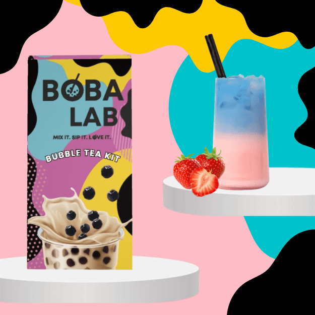 Mėlynosios balnapupės braškių pieninės burbulinės arbatos rinkinys su ličių sprogstančiais burbuliukais