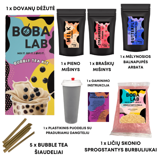 Mėlynosios balnapupės braškių pieninės burbulinės arbatos rinkinys su ličių sprogstančiais burbuliukais 1