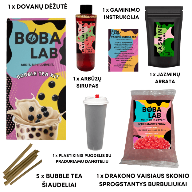 ARBŪZŲ VAISINĖS BURBULINĖS ARBATOS RINKINYS SU DRAKONO VAISIAUS SPROGSTANČIAIS PERLAIS 1