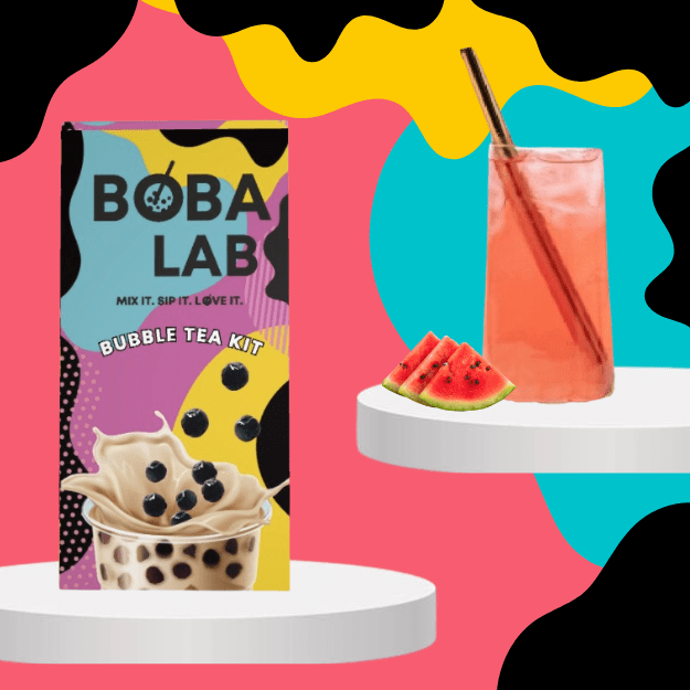 ARBŪZŲ VAISINĖS BURBULINĖS ARBATOS RINKINYS SU DRAKONO VAISIAUS SPROGSTANČIAIS PERLAIS