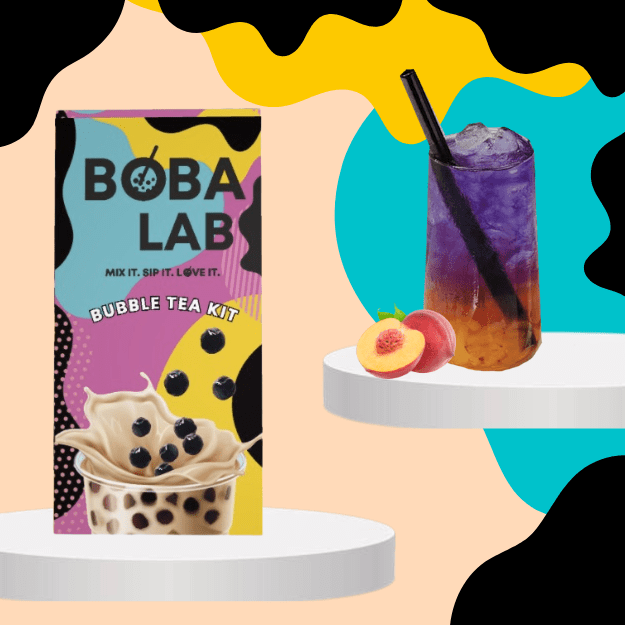 Mėlynosios balnapupės persikų vaisinės burbulinės arbatos rinkinys su pasiflorų sprogstančiais burbuliukais