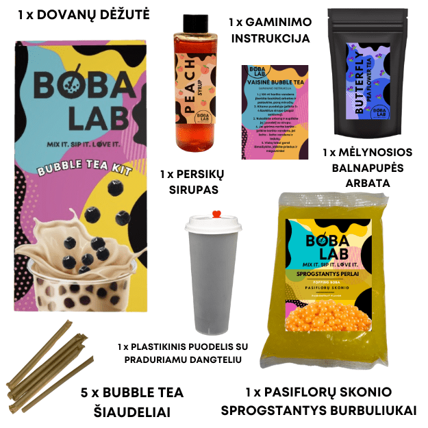 Mėlynosios balnapupės persikų vaisinės burbulinės arbatos rinkinys su pasiflorų sprogstančiais burbuliukais 1