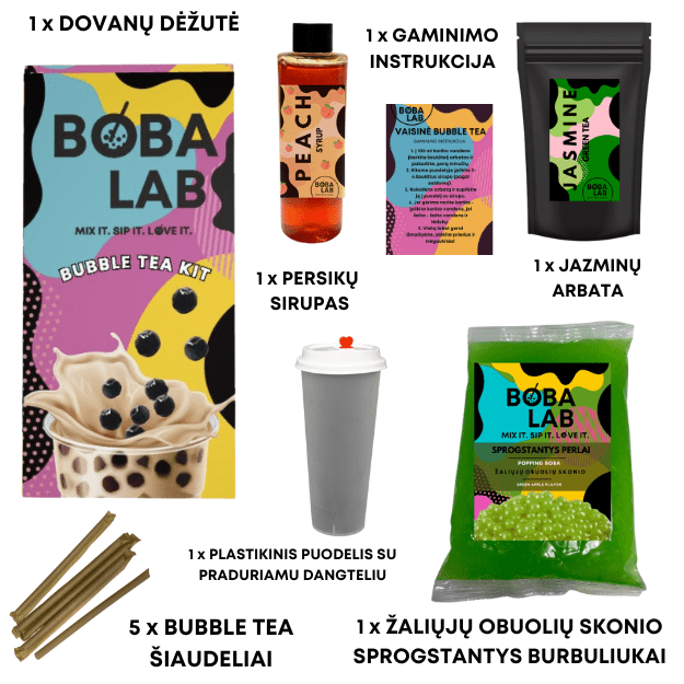 PERSIKŲ VAISINĖS BURBULINĖS ARBATOS RINKINYS SU ŽALIŲJŲ OBUOLIŲ SPROGSTANČIAIS PERLAIS 1