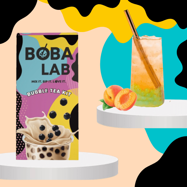 PERSIKŲ VAISINĖS BURBULINĖS ARBATOS RINKINYS SU ŽALIŲJŲ OBUOLIŲ SPROGSTANČIAIS PERLAIS