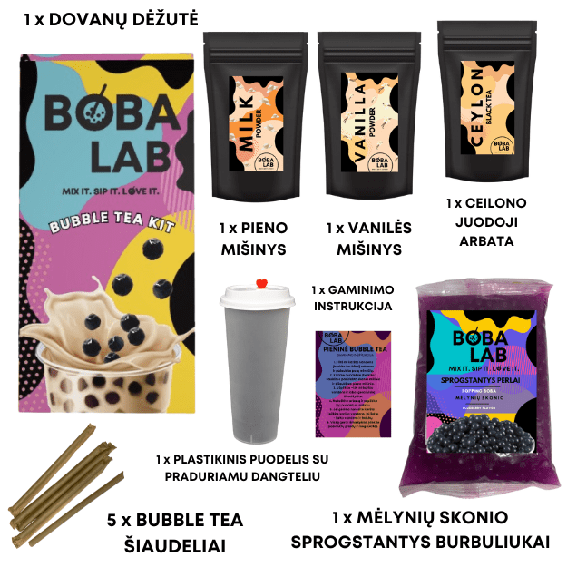 VANILĖS PIENINĖS BURBULINĖS ARBATOS RINKINYS SU MĖLYNIŲ SPROGSTANČIAIS PERLAIS 1