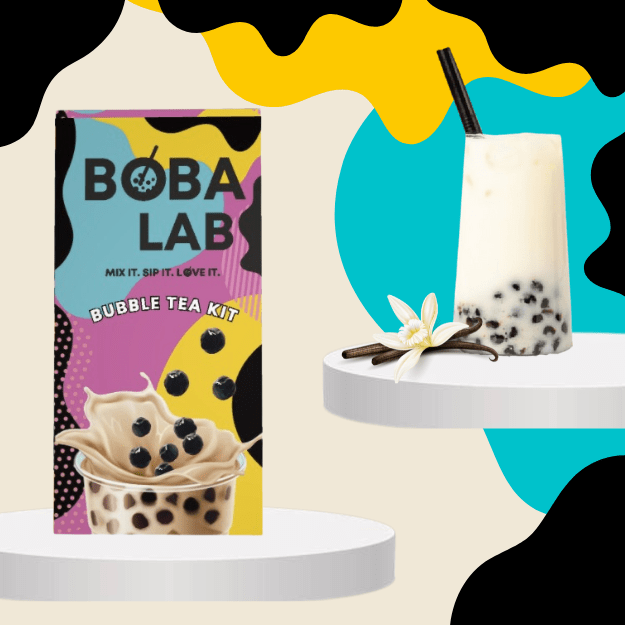 VANILĖS PIENINĖS BURBULINĖS ARBATOS RINKINYS SU MĖLYNIŲ SPROGSTANČIAIS PERLAIS