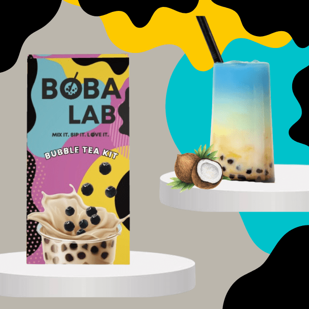 Mėlynosios balnapupės kokosų pieninės burbulinės arbatos rinkinys su mėlynių sprogstančiais burbuliukais