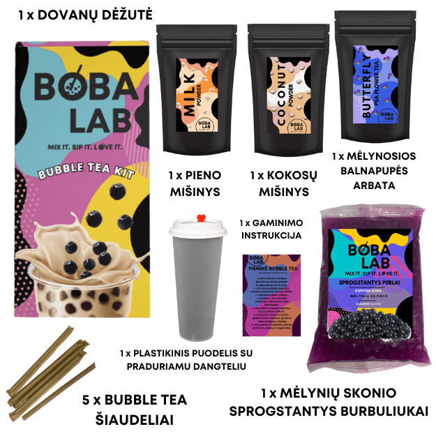 Mėlynosios balnapupės kokosų pieninės burbulinės arbatos rinkinys su mėlynių sprogstančiais burbuliukais 1